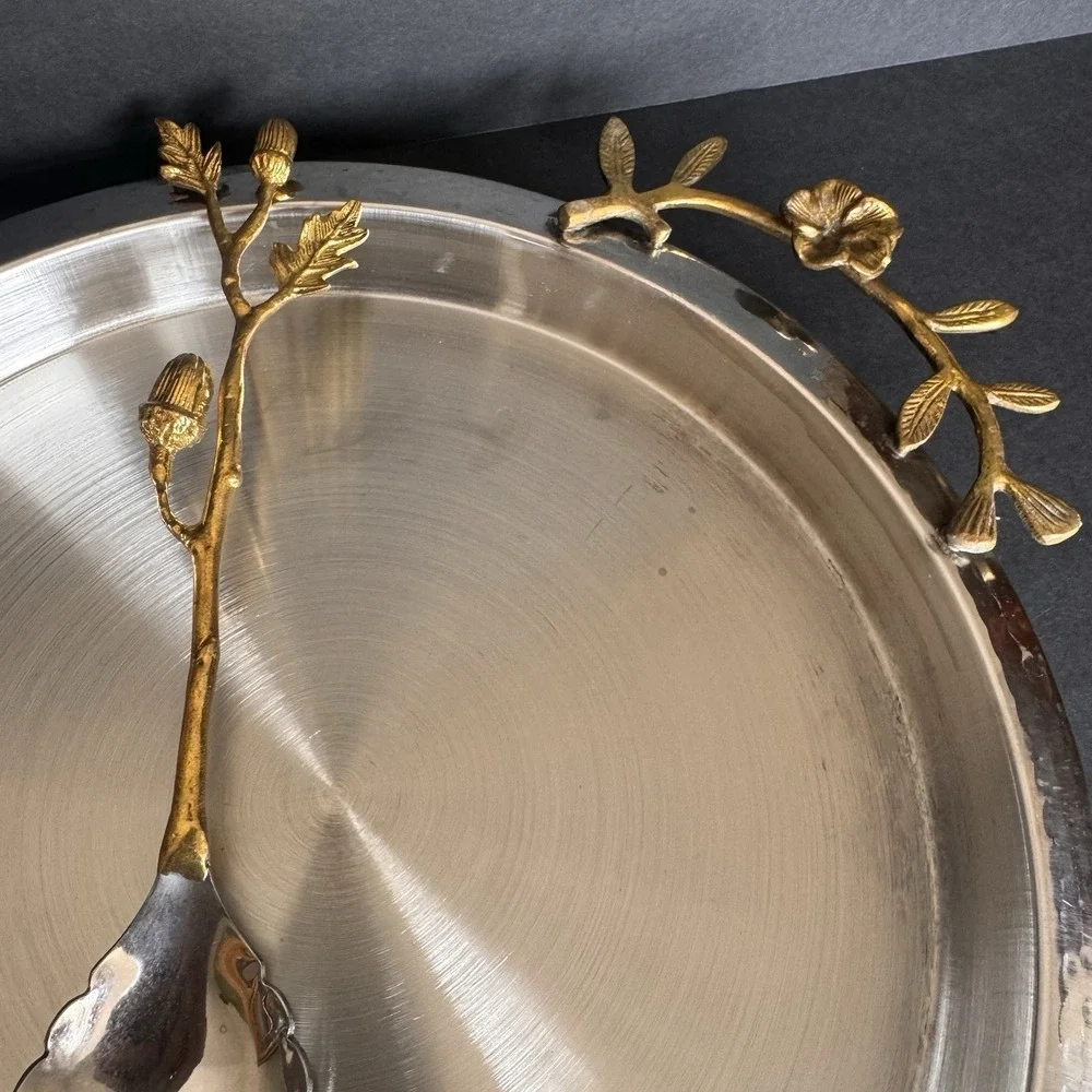 Stunning Hammered Stainless Steel Serving Tray & Serving Spoon ~ Brass Flowers